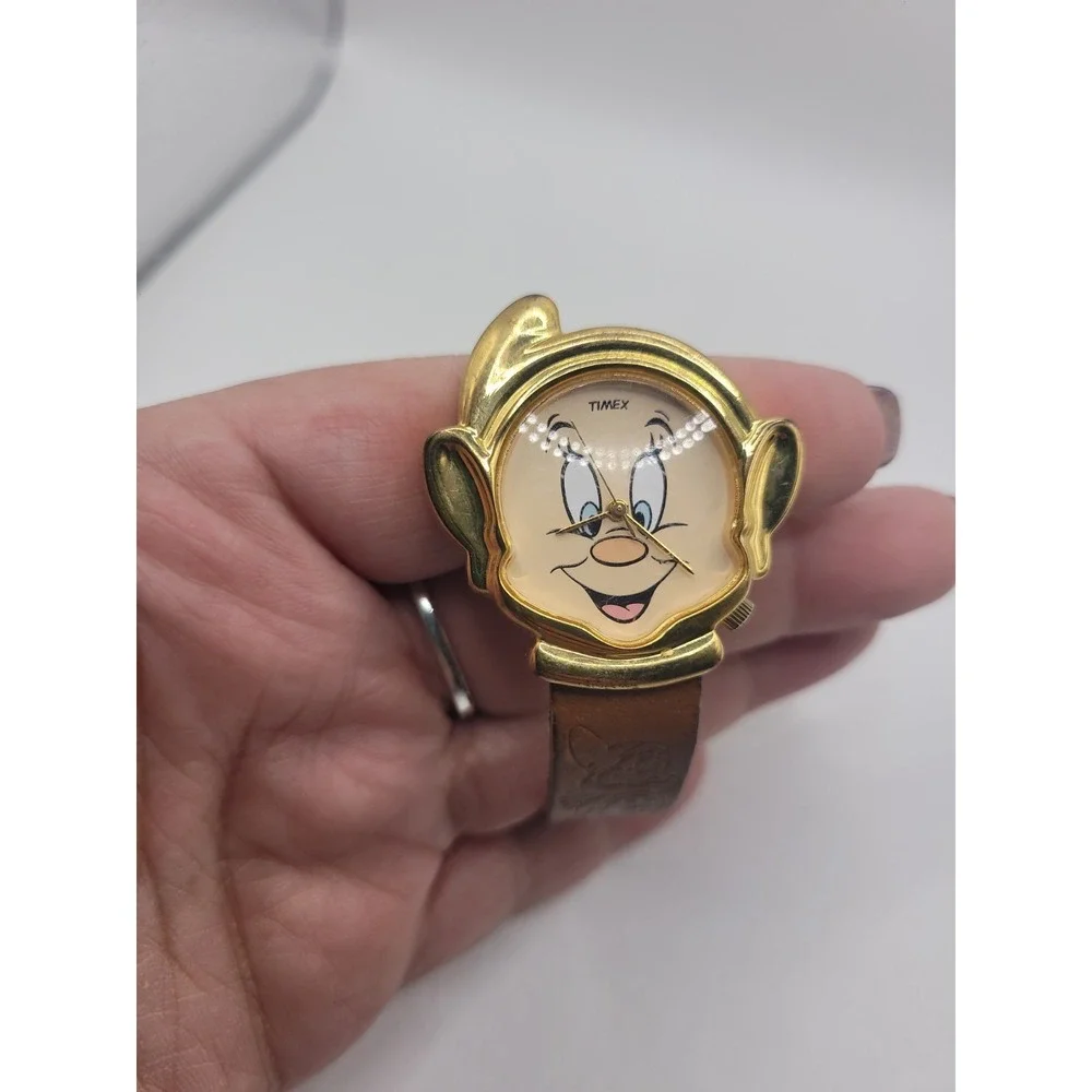 Vintage Disney Dopey Timex Watch Snow White Seven Dwarfs Gold Tone Leather